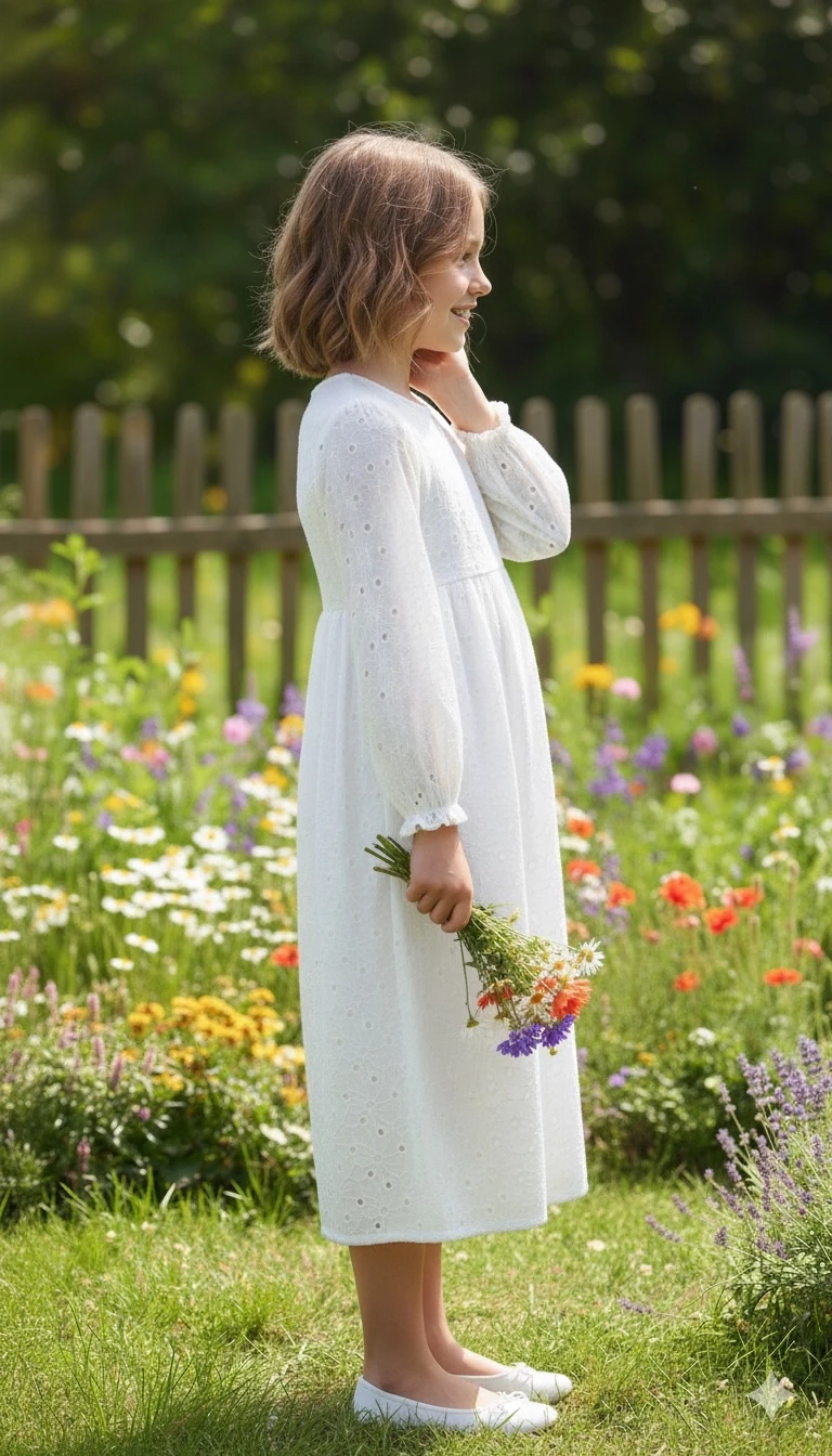 Beyaz Fisto Detaylı Kız Çocuk Elbise | Tam Boy Tesettür | 4-15 Yaş | Kuran Töreni & Günlük