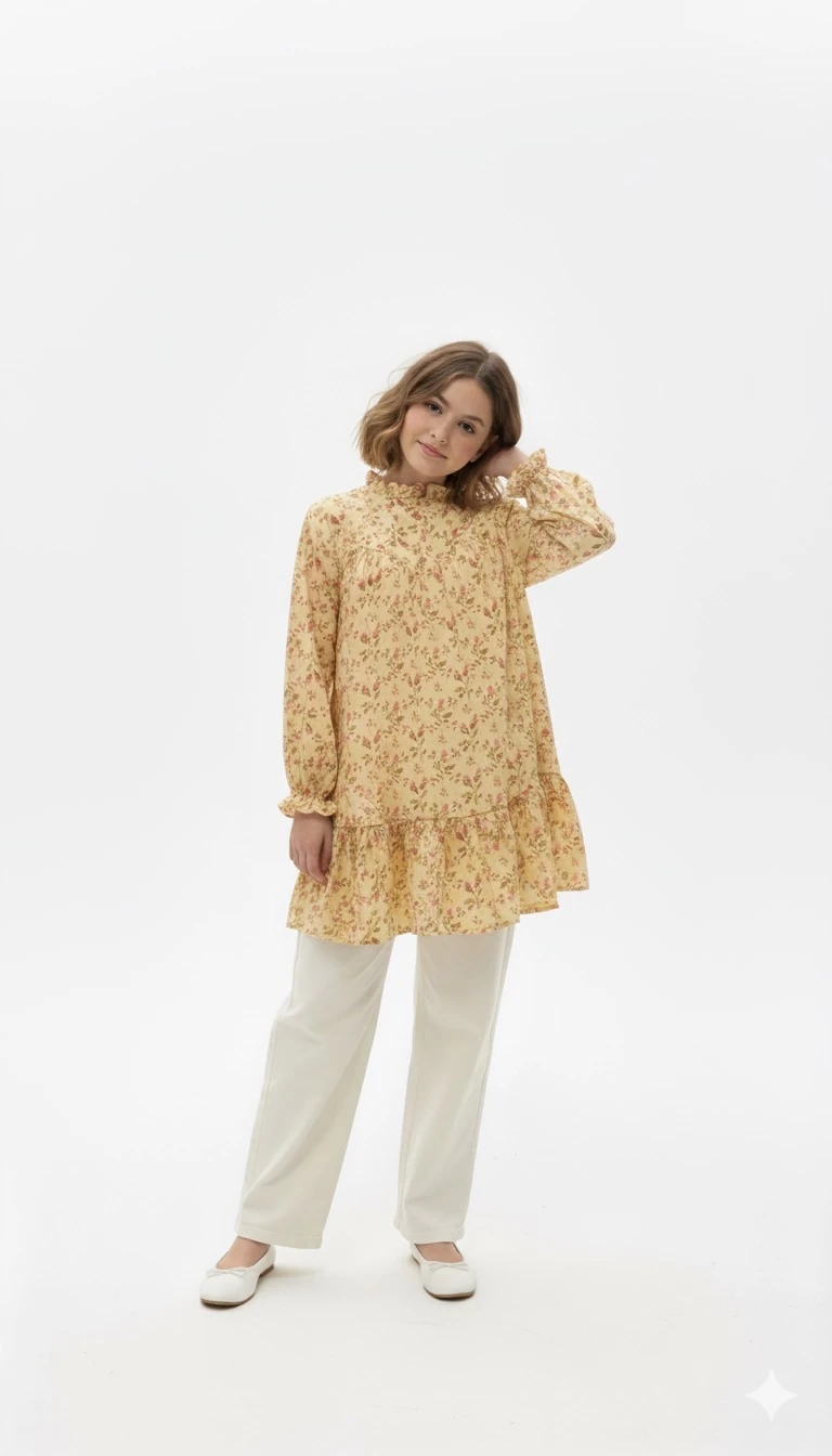 Vintage Güllü Sarı Kız Çocuk Tunik | Müslin Dokulu | 4-15 Yaş | Günlük & Özel Kullanım