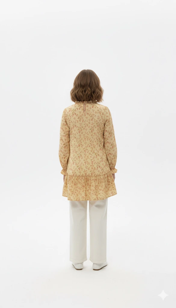 Vintage Güllü Sarı Kız Çocuk Tunik | Müslin Dokulu | 4-15 Yaş | Günlük & Özel Kullanım