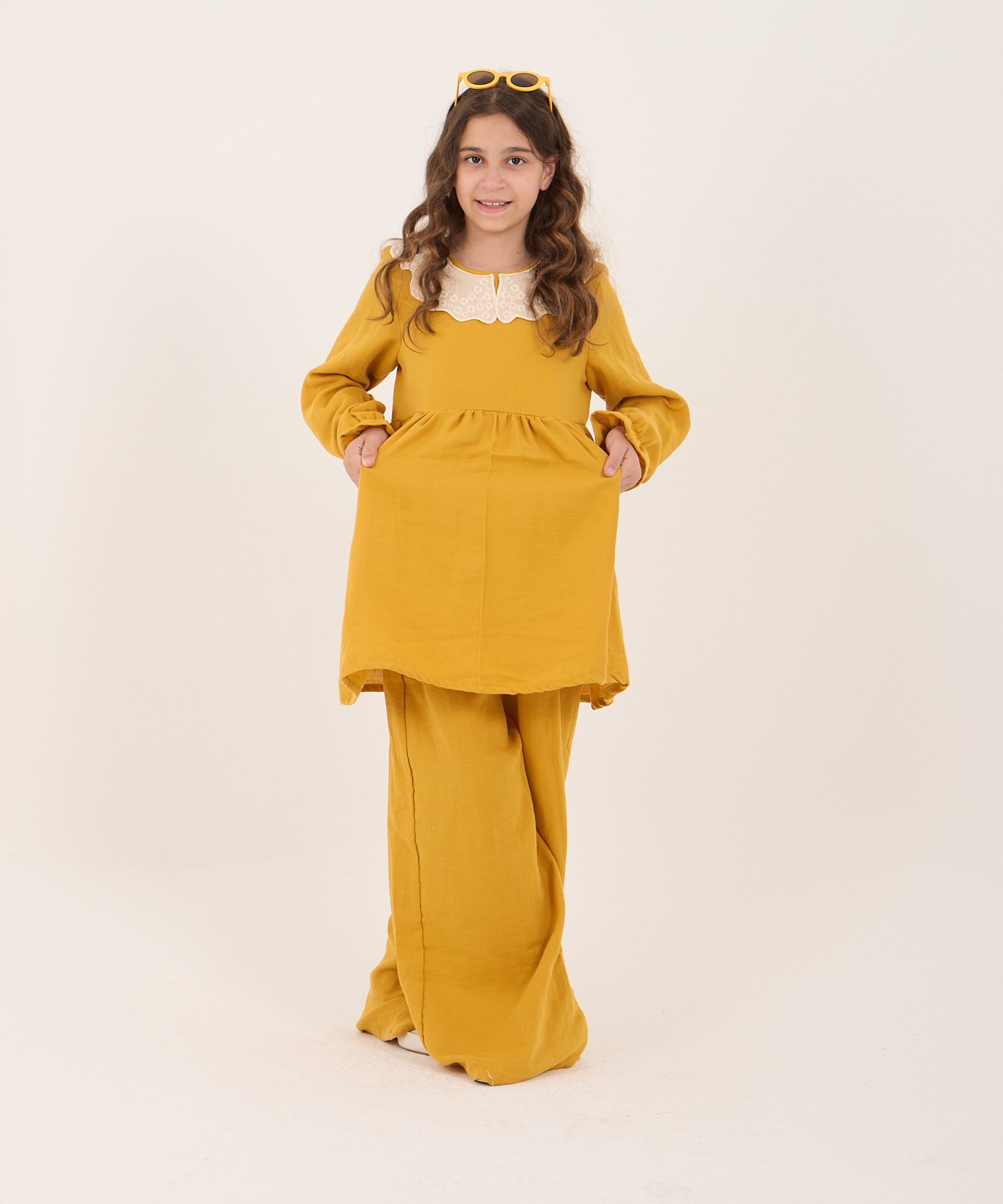 Tesettür Uyumlu Kız Çocuk Hardal Fistolu Yaka Tunik Takım – 2’li Set | 5-14 Yaş | Şık & Rahat