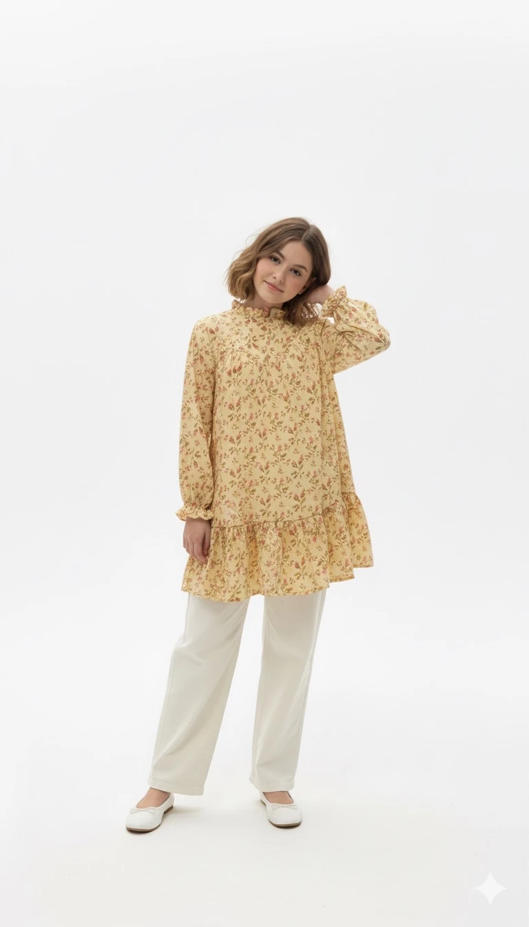 Vintage Güllü Sarı Kız Çocuk Tunik | Müslin Dokulu | 4-15 Yaş | Günlük & Özel Kullanım