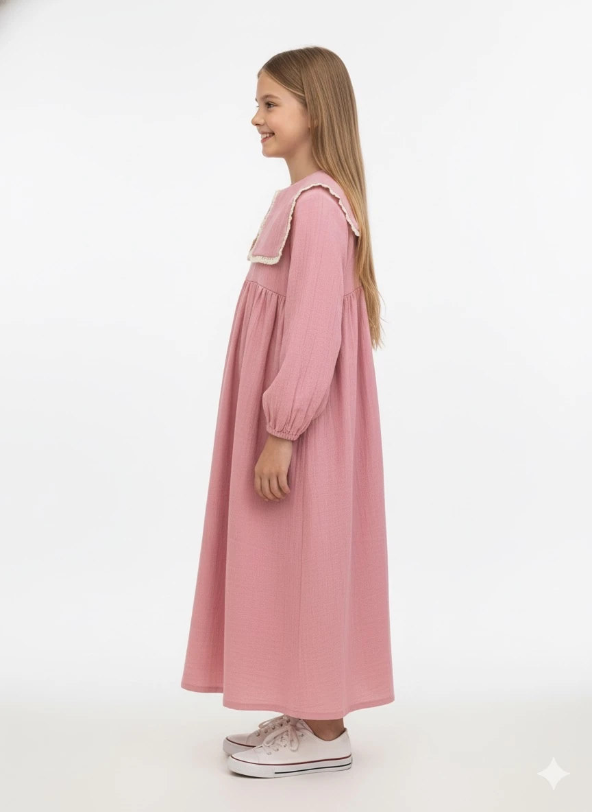 Pembe Kare Yakalı Kız Çocuk Tesettür Elbise | Tam Boy | 4-15 Yaş | Zarif & Doğal Kumaş 