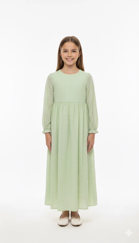 Su Yeşili Fisto Detaylı Kız Çocuk Elbise | İcazet & Kuran Töreni İçin | 4-15 Yaş | Tam Boy