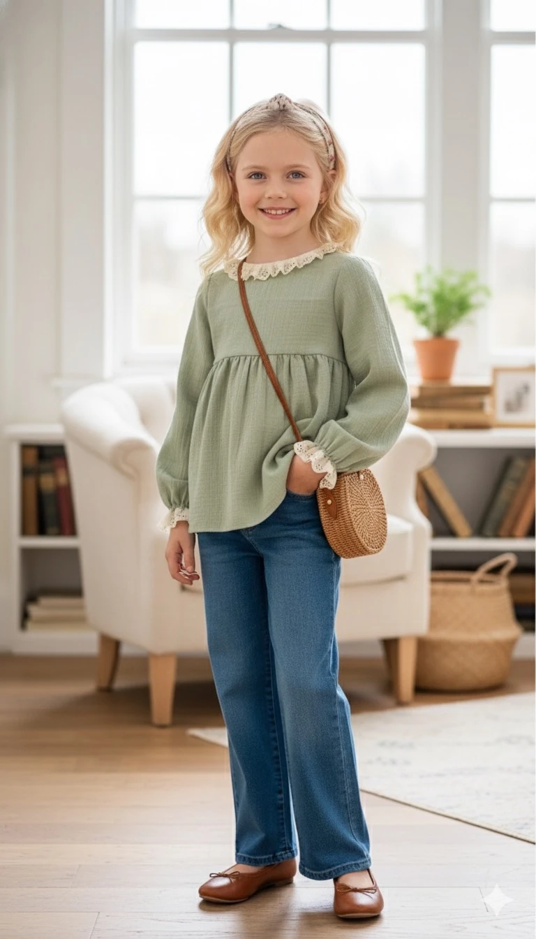 Yeşil Müslin Kız Çocuk Tunik | Doğal Yumuşak Kumaş | 4-15 Yaş | Günlük & Kuran Kursu 