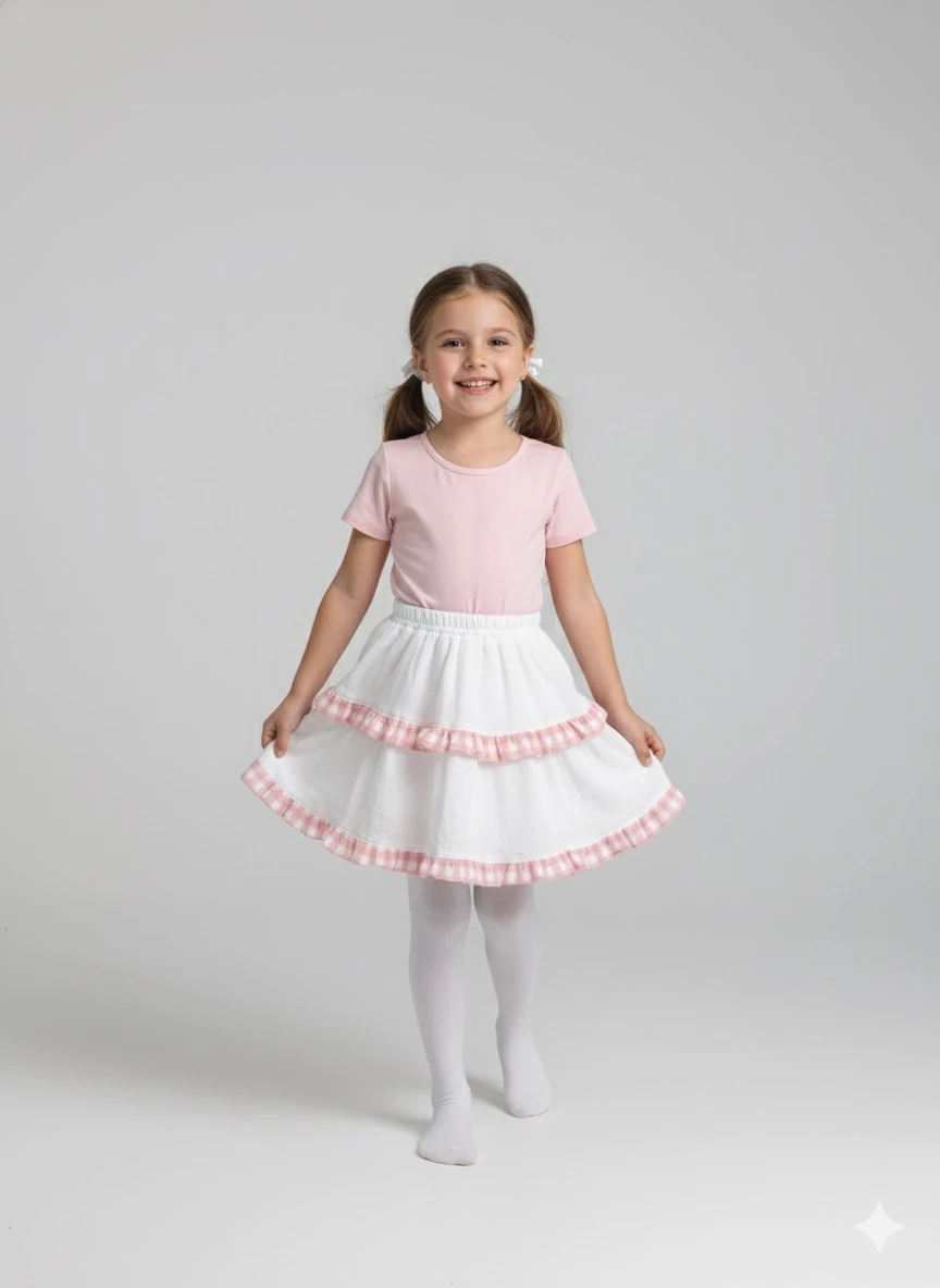 Kız Çocuk Şile Bezi Diz Boyu Pembe Ekose Detaylı Beyaz Etek