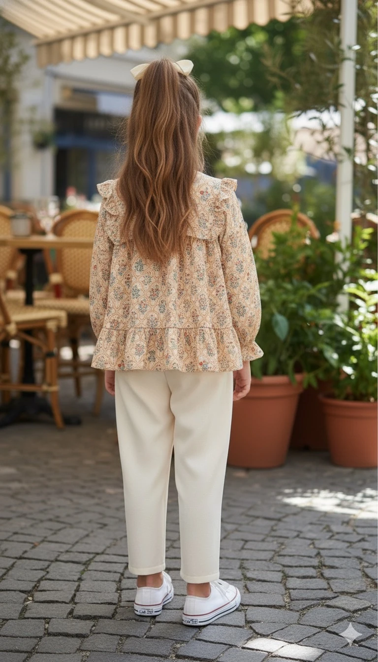 Fırfırlı Vintage Turuncu Fas Desenli Kız Çocuk Tunik Gömlek | 4-15 Yaş | Müslin Dokulu