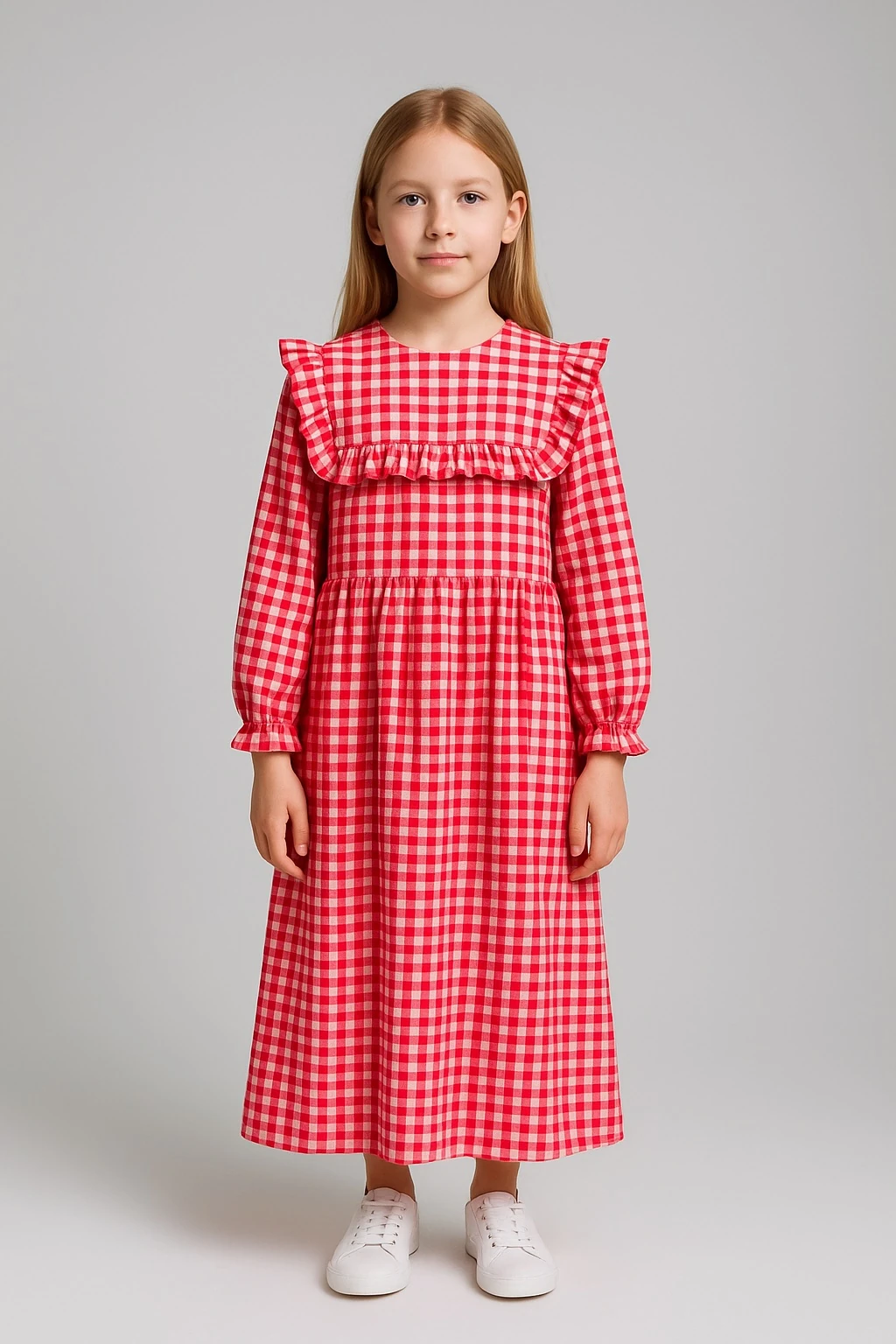 Kırmızı Ekose Bürümcük Kumaş Kız Çocuk Elbise | Tam Boy | 4-15 Yaş | Günlük & Özel Kullanım