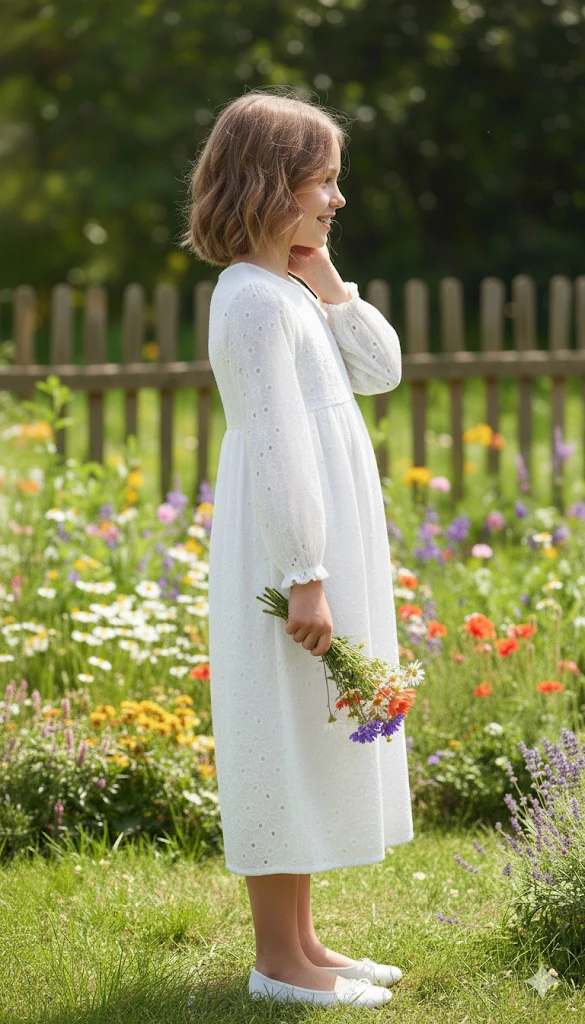 Beyaz Fisto Detaylı Kız Çocuk Elbise | Tam Boy Tesettür | 4-15 Yaş | Kuran Töreni & Günlük