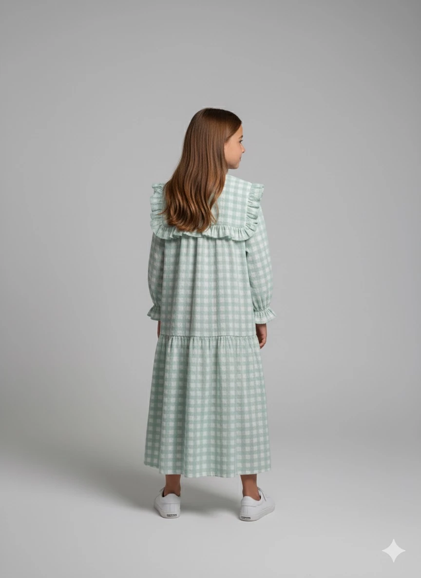 Su Yeşili Ekose Desen Şile Bezi Kız Çocuk Elbise | Tam Boy | 4-15 Yaş | Doğal & Rahat 