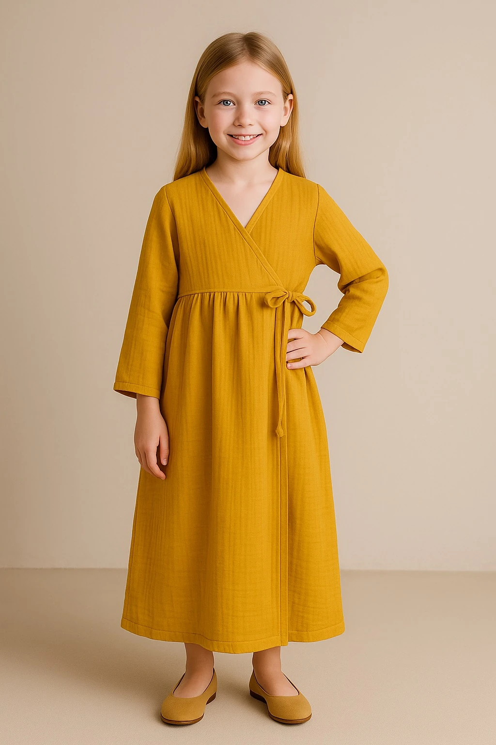Kız Çocuk Hardal Sarısı Müslin Bağlamalı Namaz Elbisesi | 4-15 Yaş | Rahat & Tesettür 