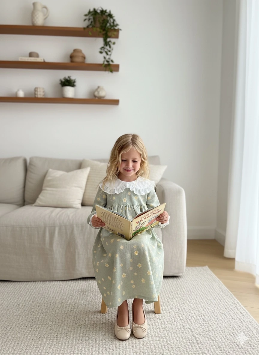 Beyaz Yakalı Yeşil Çiçekli Kız Çocuk Müslin Elbise | Tam Boy | 4-15 Yaş 