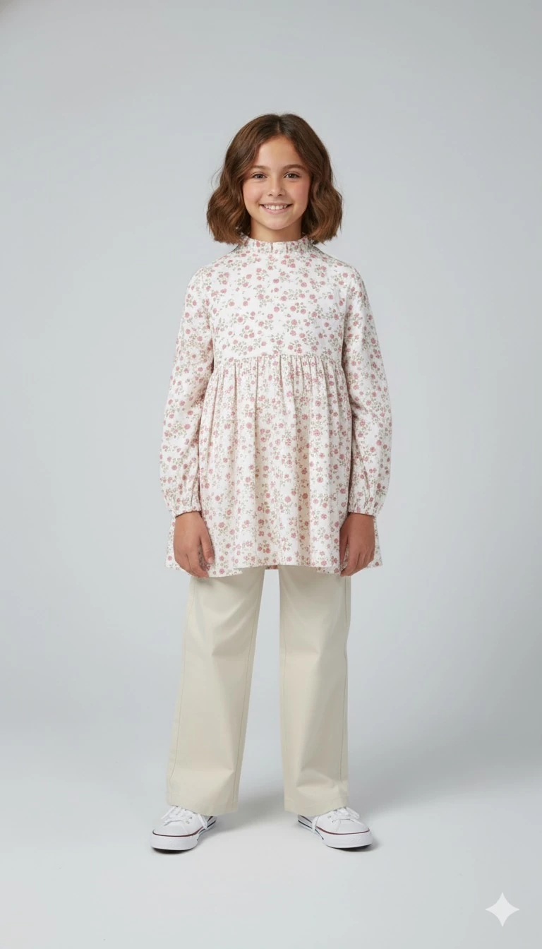 Pembe Güllü Müslin Kız Çocuk Tunik Gömlek | 4-15 Yaş | Yumuşacık & Doğal Kumaş | Tam Boy