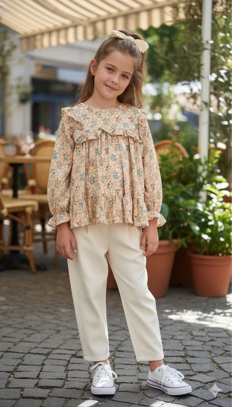 Fırfırlı Vintage Turuncu Fas Desenli Kız Çocuk Tunik Gömlek | 4-15 Yaş | Müslin Dokulu