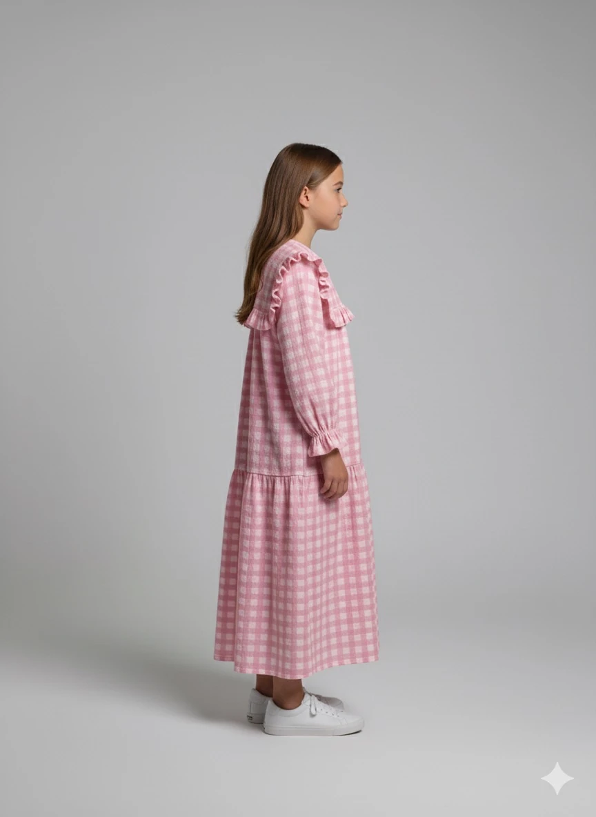 Pembe Ekose Desen Şile Bezi Kız Çocuk Elbise | Tam Boy | 4-15 Yaş | Doğal & Nefes Alan