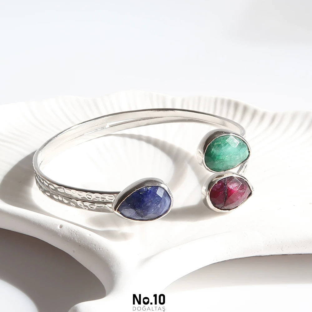 Yakut Safir Zümrüt Doğal Taşlı Kelepçe Bileklik