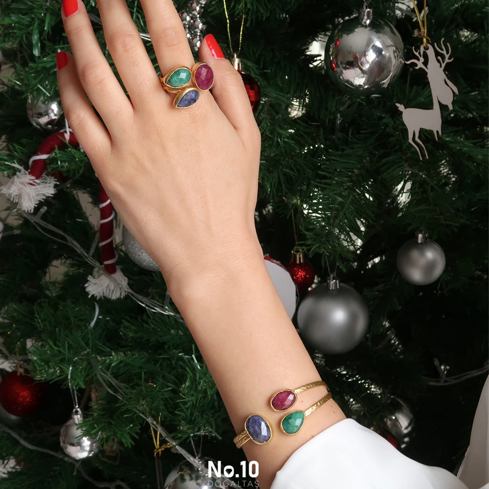 Yakut Safir Zümrüt Doğal Taşlı Mat Altın Kaplama Bileklik ve Yüzük