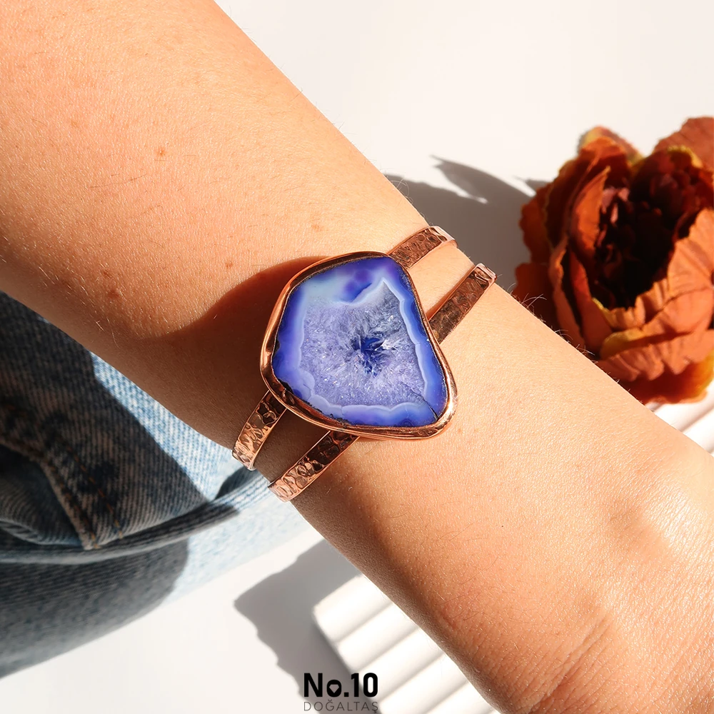 Akik Doğal Taşlı Bakır Kelepçe Bileklik (Druzy Form)