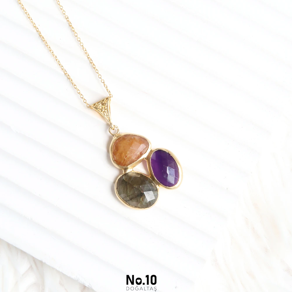Labradorit & Sitrin & Ametist Doğal Taşlı Kolye Ucu (Zinciri Hediye)