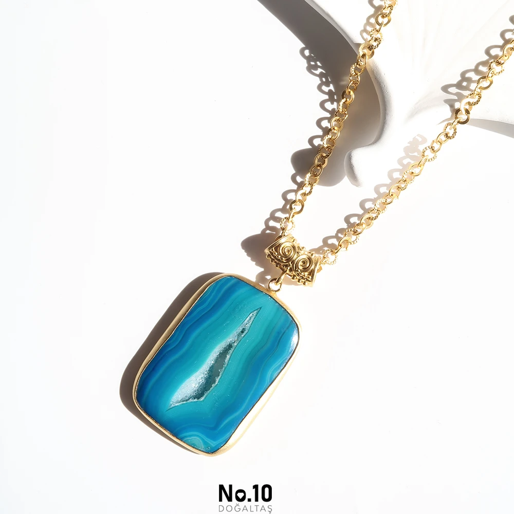 Mavi Akik Druzy Form Kolye Ucu (Zinciri Hediye)