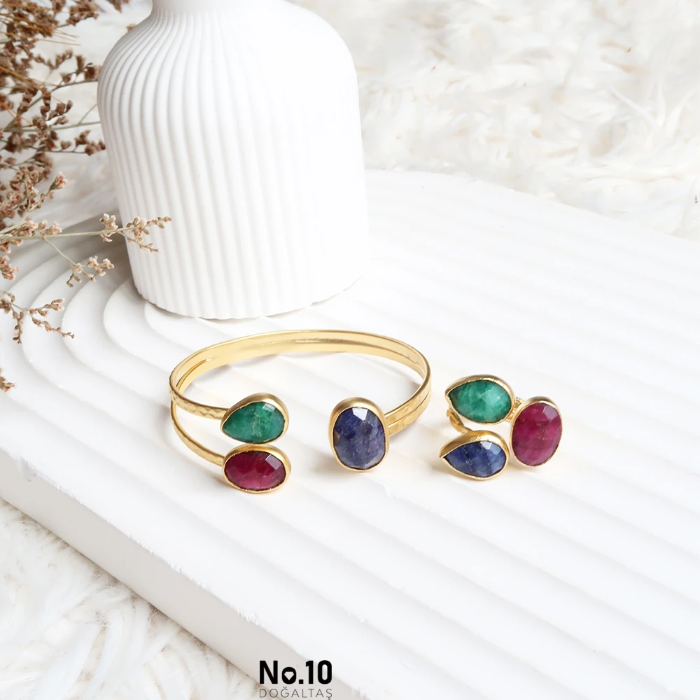 Yakut Safir Zümrüt Doğal Taşlı Mat Altın Kaplama Bileklik ve Yüzük