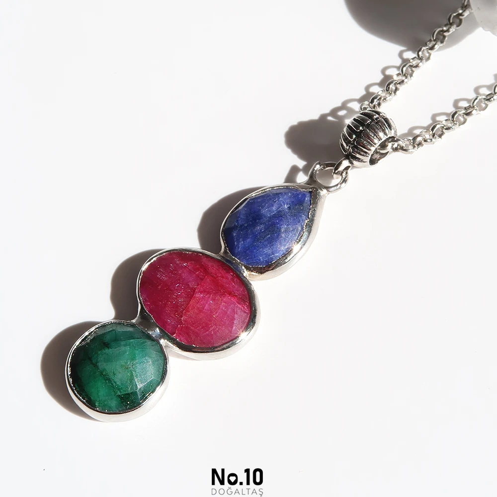 Safir Yakut Zümrüt Doğal Taşlı Kolye Ucu (Zinciri Hediye)