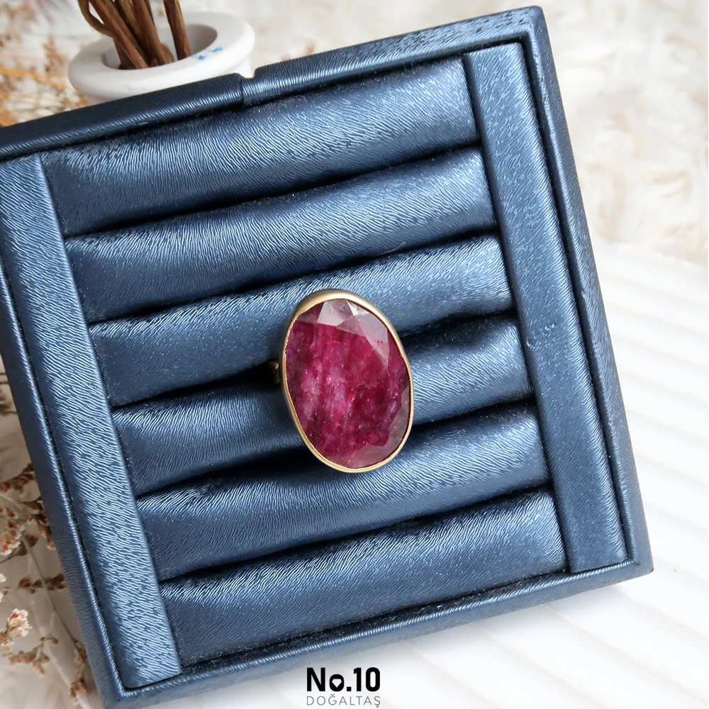 Yakut Doğal Taşlı Mat Altın Kaplama Yüzük(İri Boy)