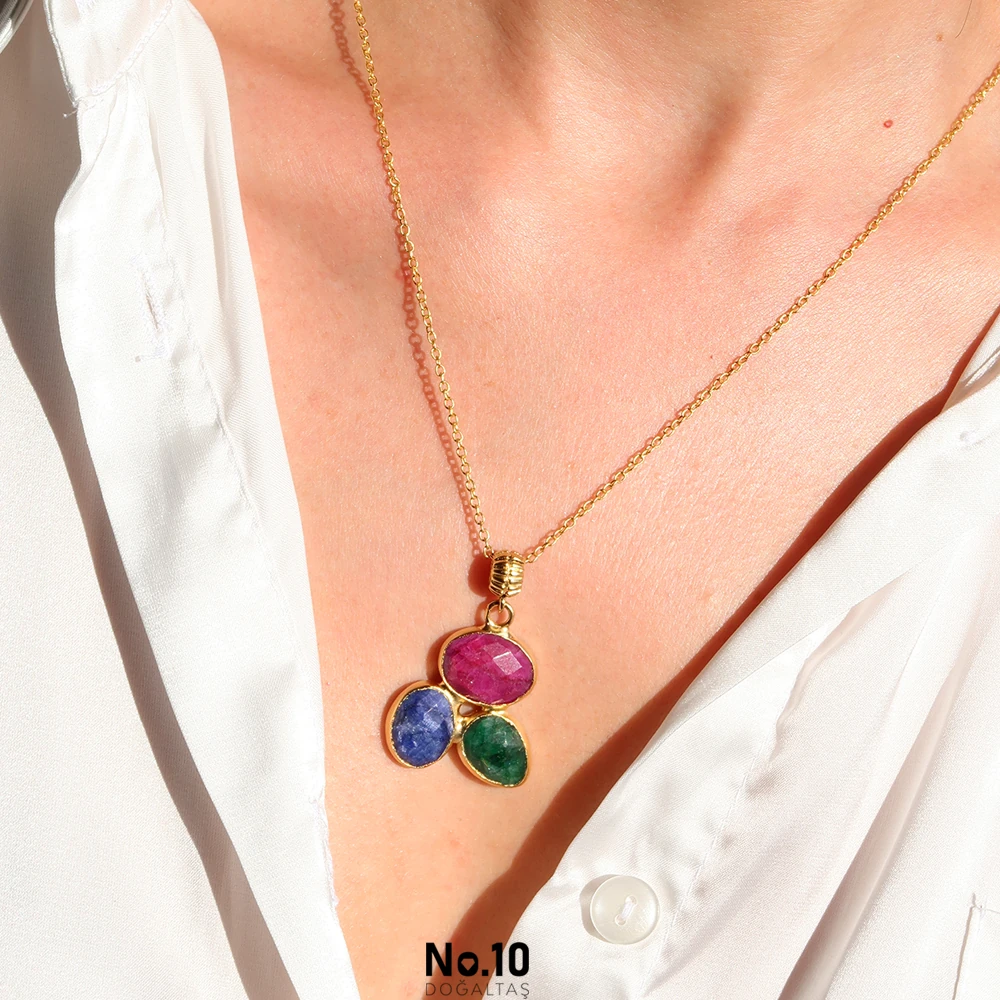 Yakut Safir Zümrüt Doğal Taşlı Kolye (Zincir Hediye)