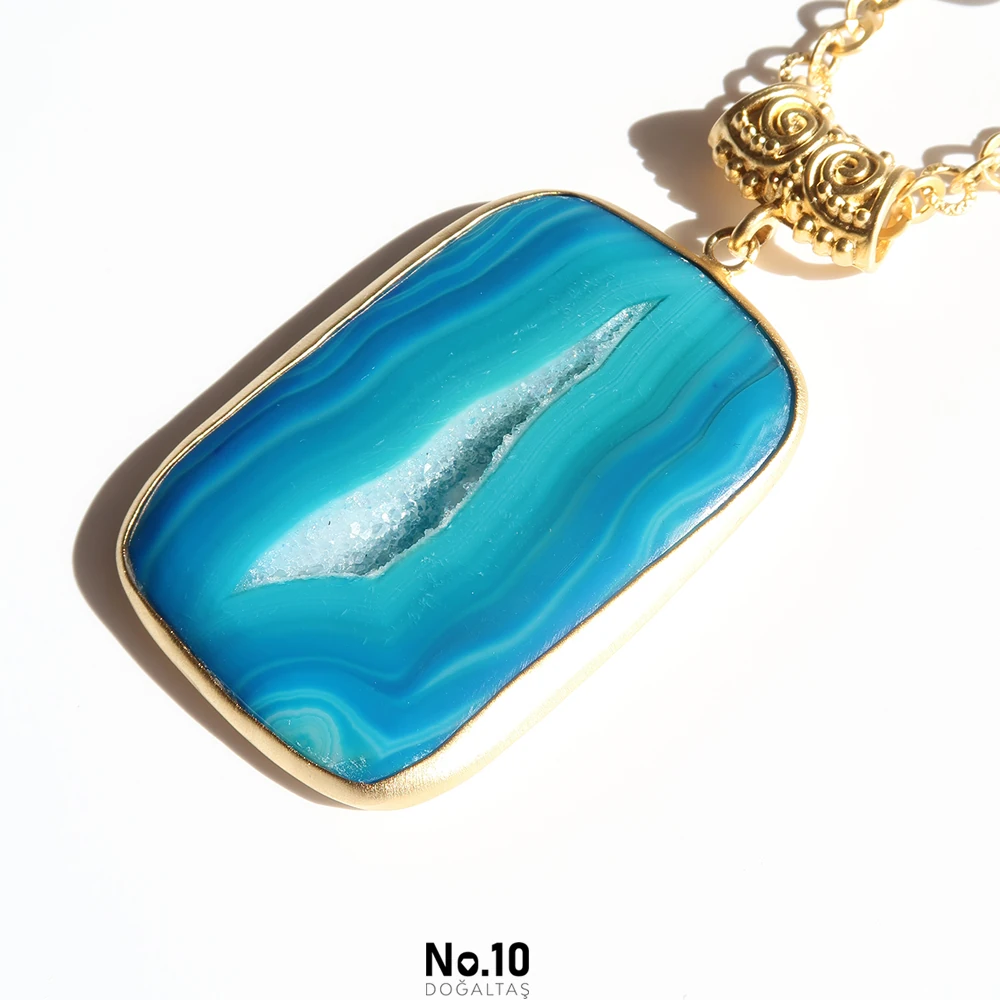 Mavi Akik Druzy Form Kolye Ucu (Zinciri Hediye)