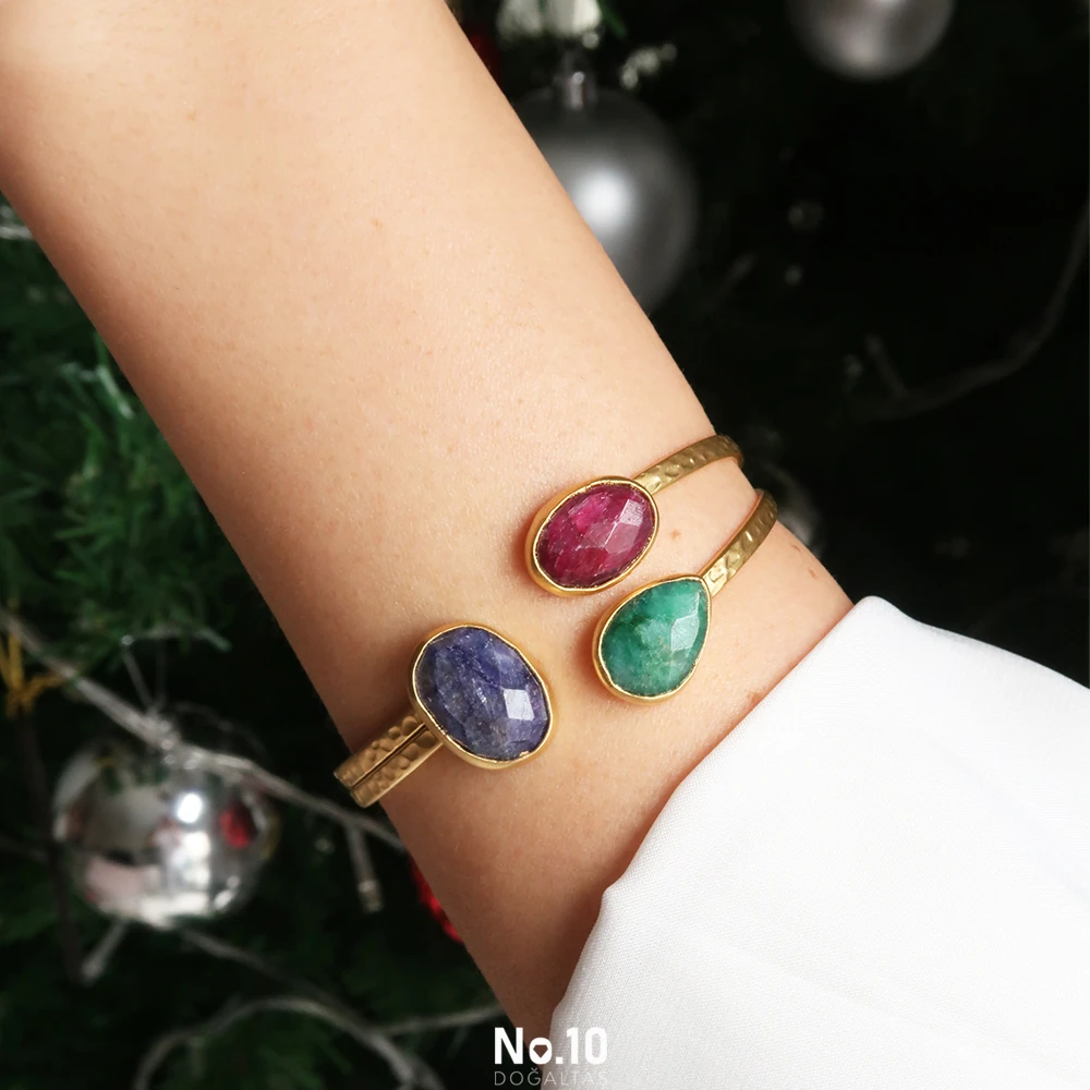 Yakut Safir Zümrüt Doğal Taşlı Mat Altın Kaplama Bileklik ve Yüzük