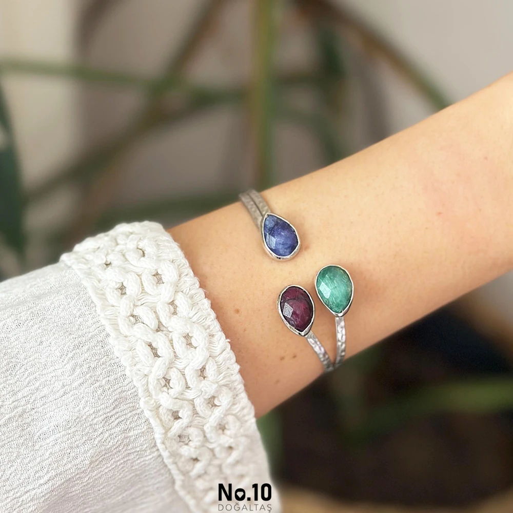 Yakut Safir Zümrüt Doğal Taşlı Kelepçe Bileklik