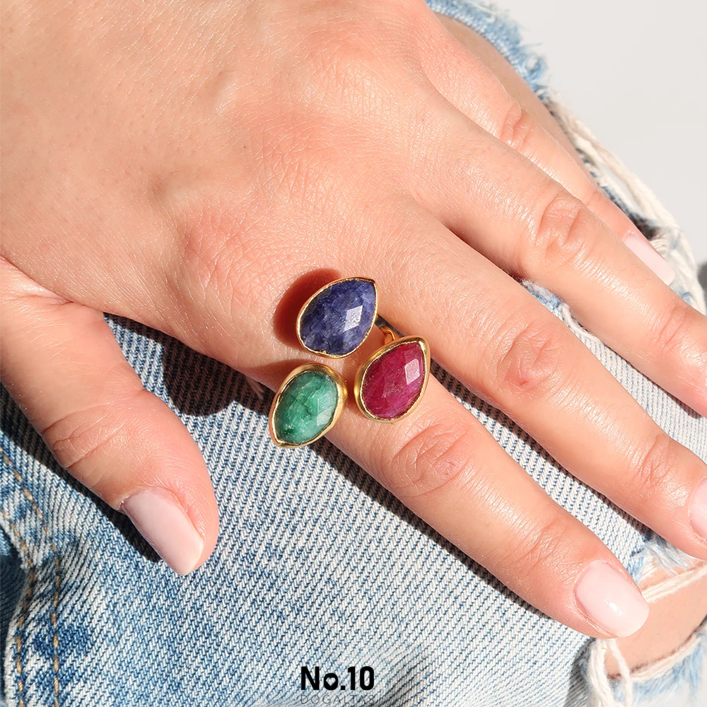 Yakut Safir Zümrüt Doğal Taşlı Yüzük (Mat Altın Kaplama)