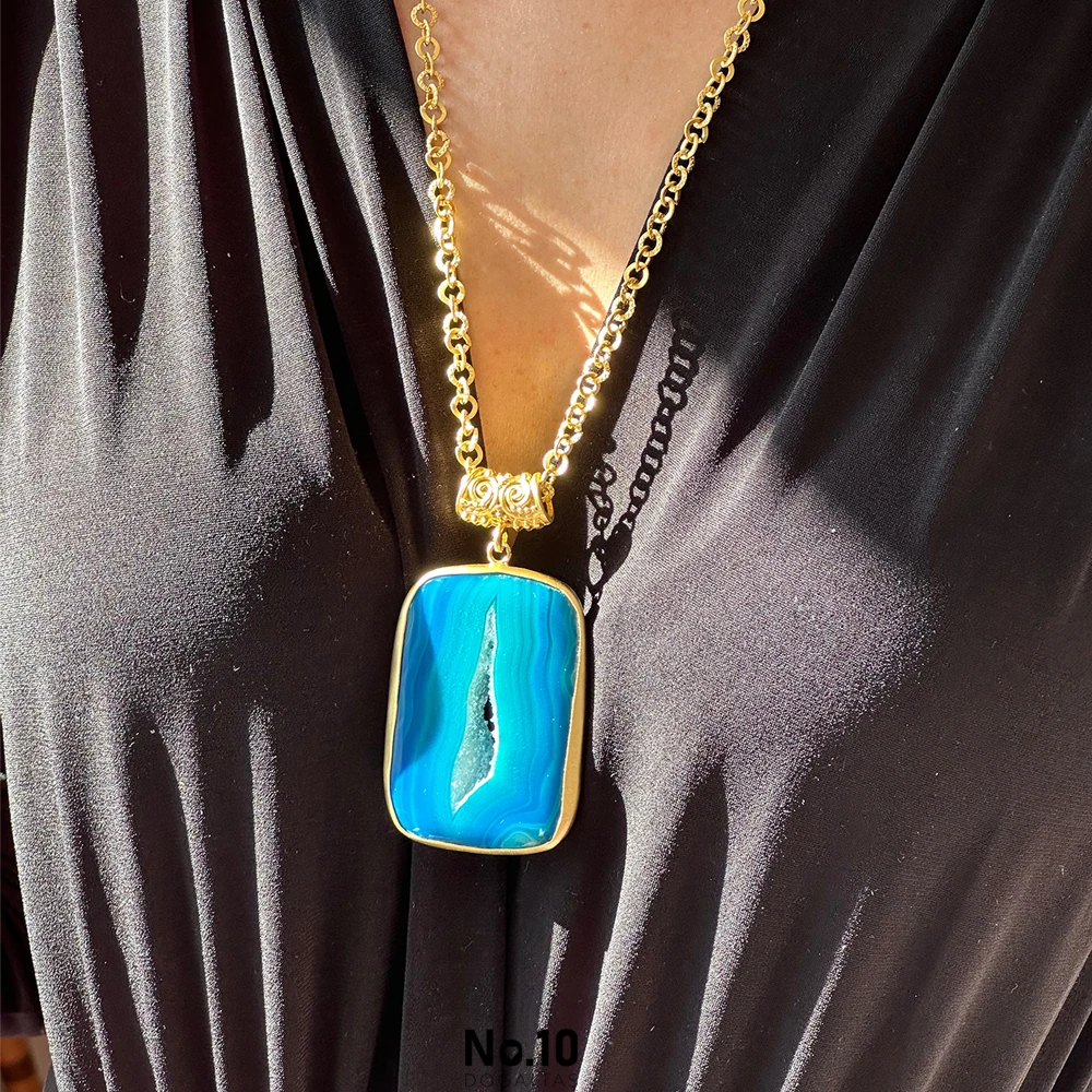 Mavi Akik Druzy Form Kolye Ucu (Zinciri Hediye)