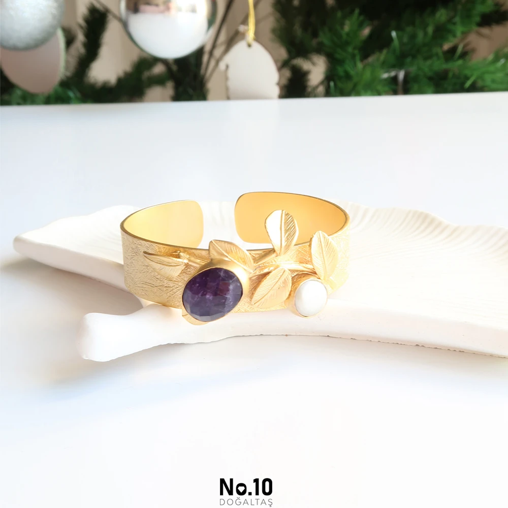 Ametist & İnci Kelepçe Bileklik (Mat Altın Kaplama)