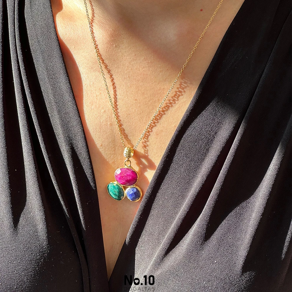 Yakut Zümrüt Safir Doğal Taşlı Kolye Ucu (Zinciri Hediye)