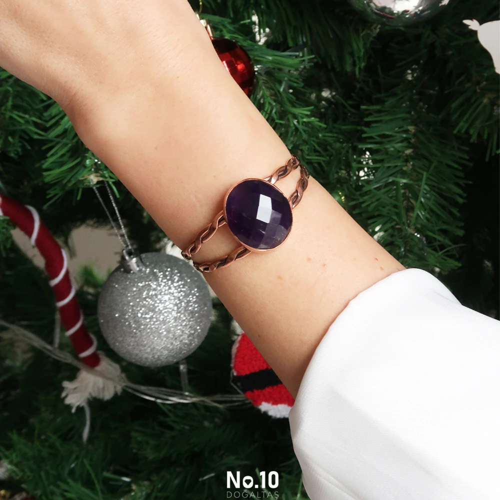 Ametist Doğal Taşlı Bakır Bileklik