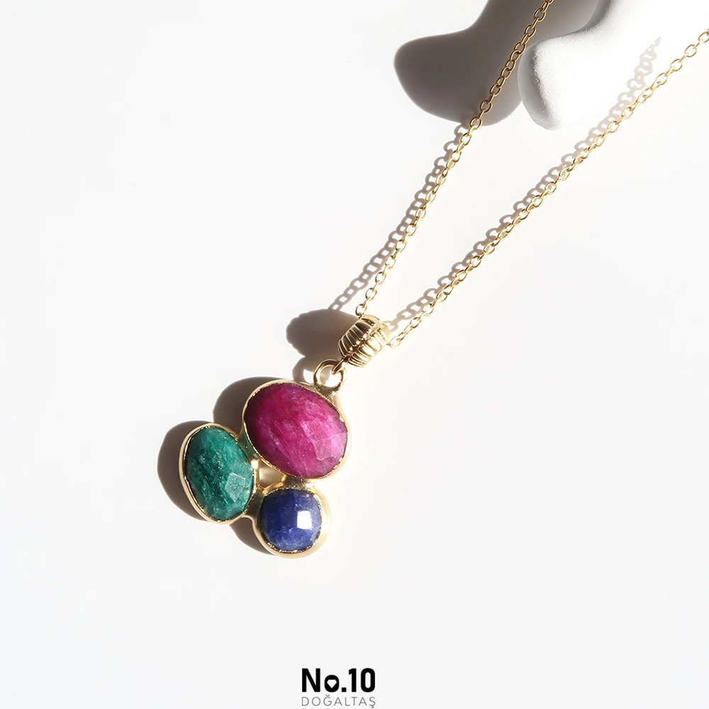 Yakut Zümrüt Safir Doğal Taşlı Kolye Ucu (Zinciri Hediye)