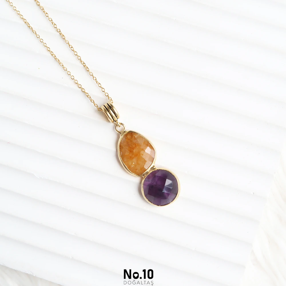 Sitrin & Ametist Doğal Taşlı Kolye Ucu (Zincir Hediye)