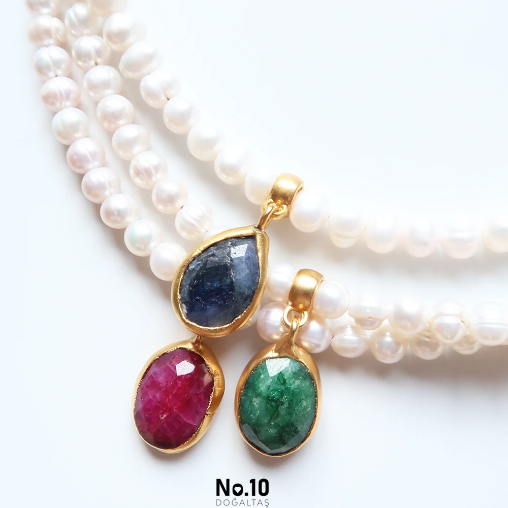 Yakut Safir Zümrüt Doğal Taşlı İncili Kolyeler