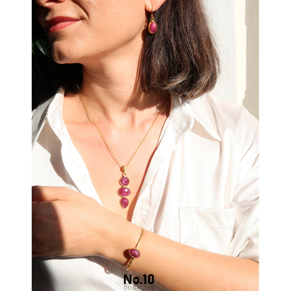 Yakut Doğal Taşlı Mat Altın Kaplama Set