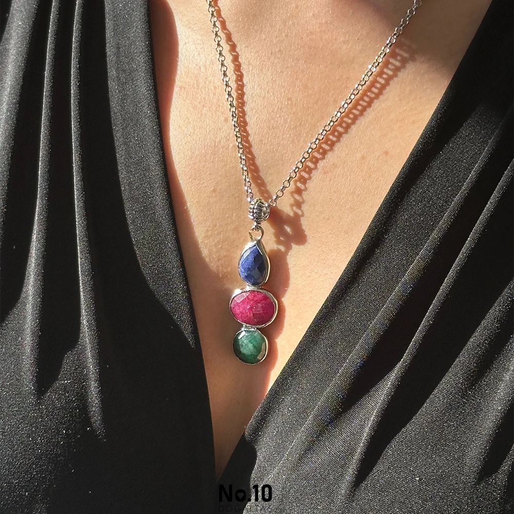 Safir Yakut Zümrüt Doğal Taşlı Kolye Ucu (Zinciri Hediye)