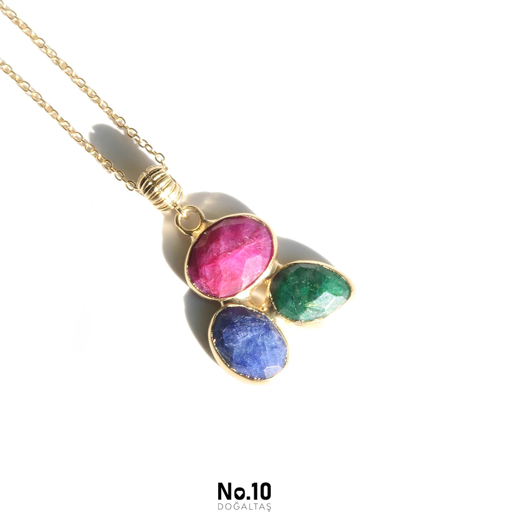 Yakut Safir Zümrüt Doğal Taşlı Kolye (Zincir Hediye)
