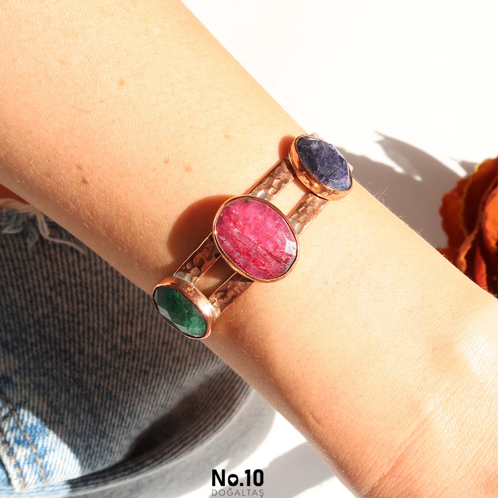 Yakut Safir Zümrüt Doğal Taşlı Bakır Kelepçe Bileklik