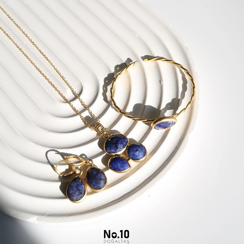 Safir Doğal Taşlı Mat Altın Kaplama Set