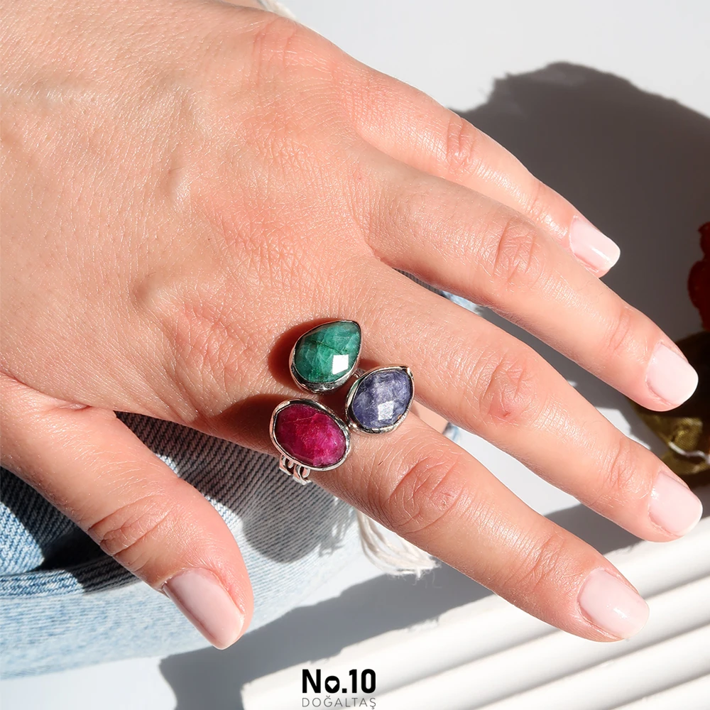 Yakut Safir Zümrüt Doğal Taşlı Yüzük (Rodyum Kaplama)