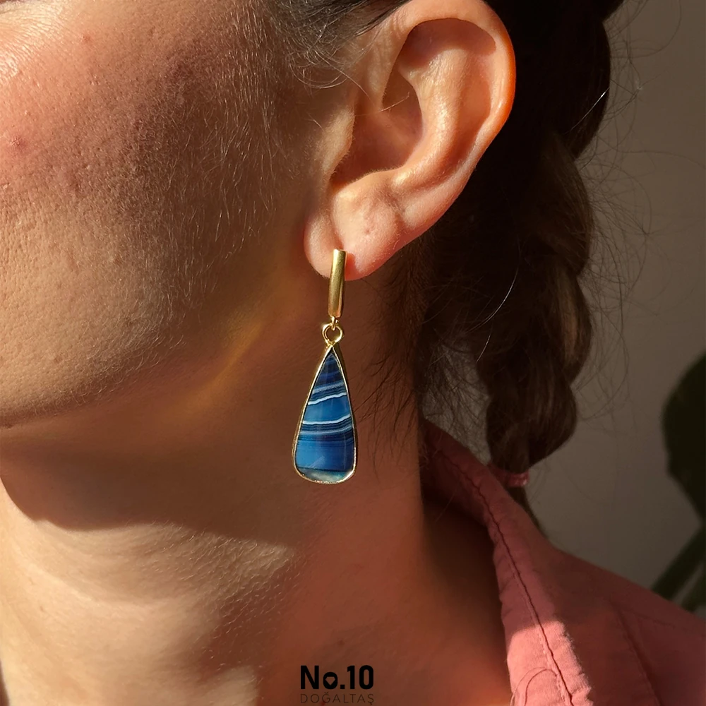 Mavi Akik Taşlı Küpe