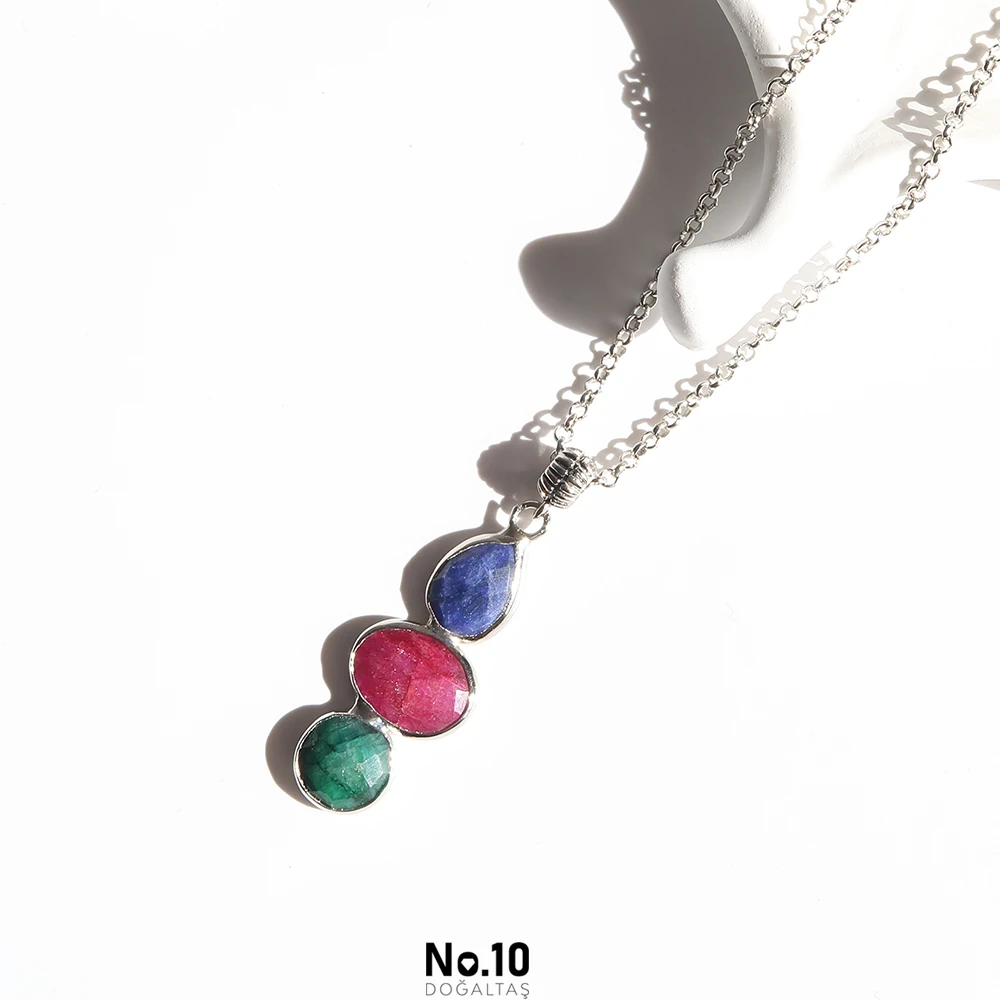 Safir Yakut Zümrüt Doğal Taşlı Kolye Ucu (Zinciri Hediye)