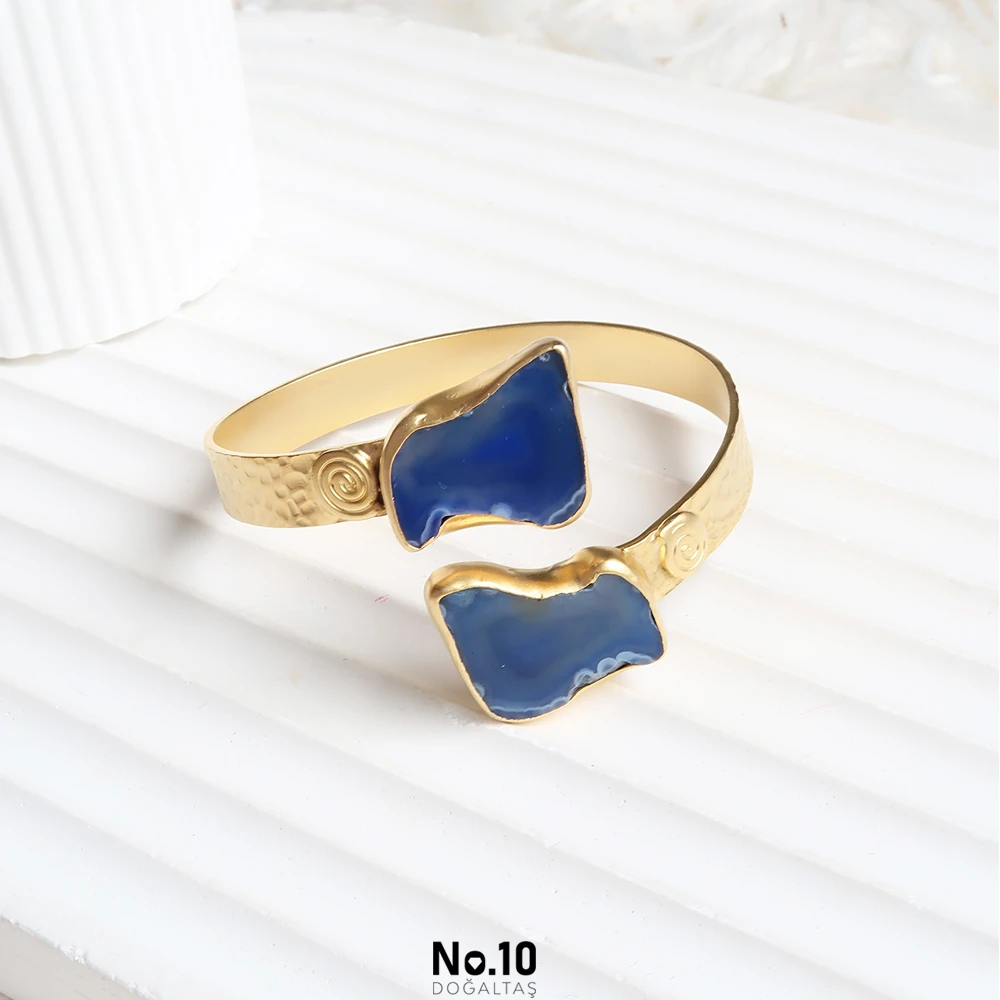 Mavi Akik Doğal Taşlı Mat Altın Kaplama Bileklik