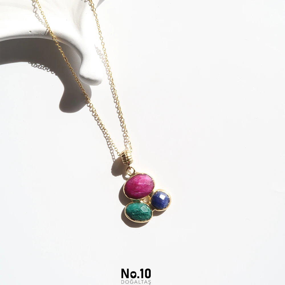 Yakut Zümrüt Safir Doğal Taşlı Kolye Ucu (Zinciri Hediye)