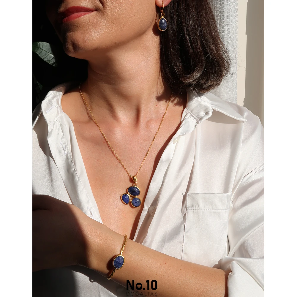 Safir Doğal Taşlı Mat Altın Kaplama Set