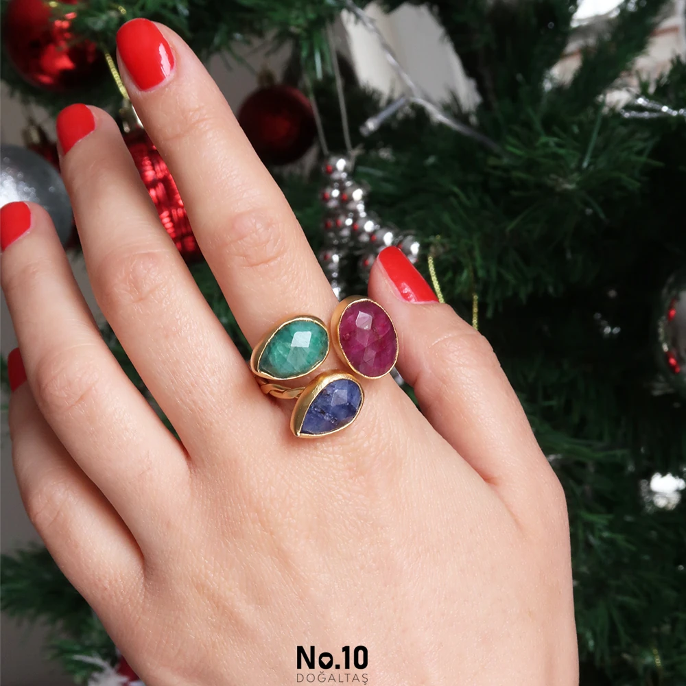 Yakut Safir Zümrüt Doğal Taşlı Mat Altın Kaplama Bileklik ve Yüzük